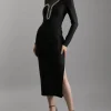 Petite Figure Form Bandage Mesh Detail Asymmetric Trim Midi Dress