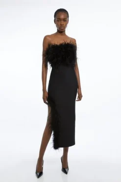 Petite Figure Form Bandage Feather Detail Bandeau Knit Midi Dress