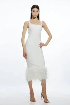 Petite Figure Form Bandage Feather Hem Knit Midi Dress