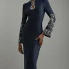 Petite Figure Form Bandage Knit Embellished Wide Sleeve Midaxi Dress