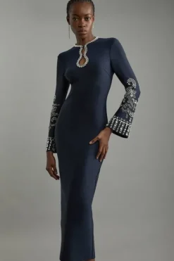 Petite Figure Form Bandage Knit Embellished Wide Sleeve Midaxi Dress
