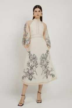 Petite Floral Embroidery Organdie Woven Midi Dress