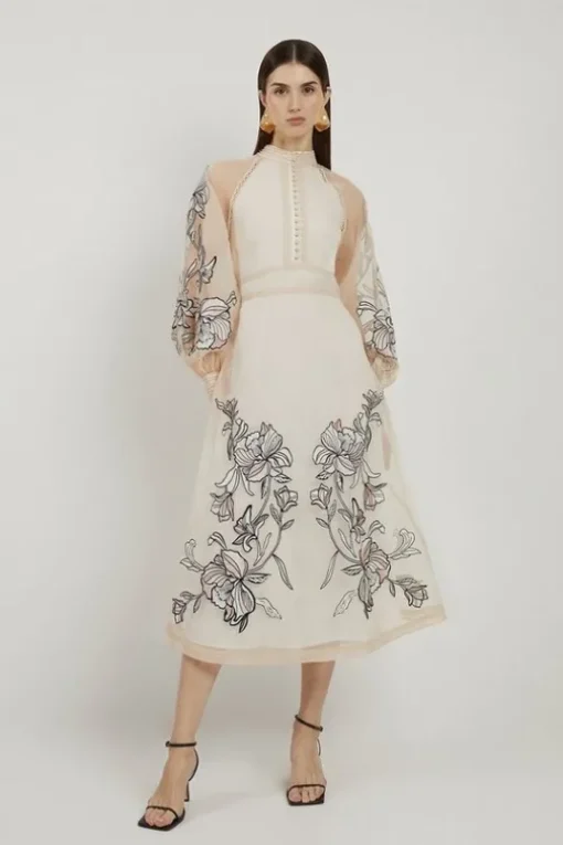 Petite Floral Embroidery Organdie Woven Midi Dress