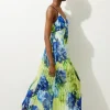 Petite Floral Pleated Crinkle Strappy Woven Midi Dress