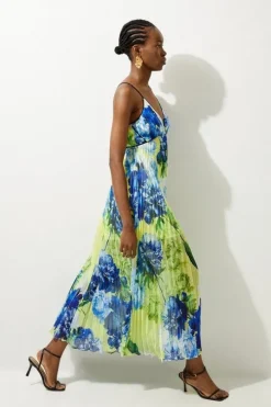 Petite Floral Pleated Crinkle Strappy Woven Midi Dress