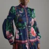 Petite Floral Print Woven Balloon Sleeve Belted Midi Dress