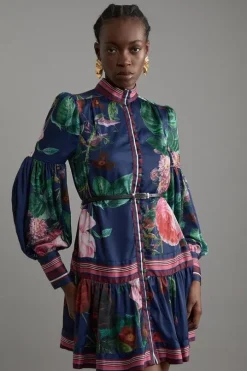 Petite Floral Print Woven Balloon Sleeve Belted Midi Dress