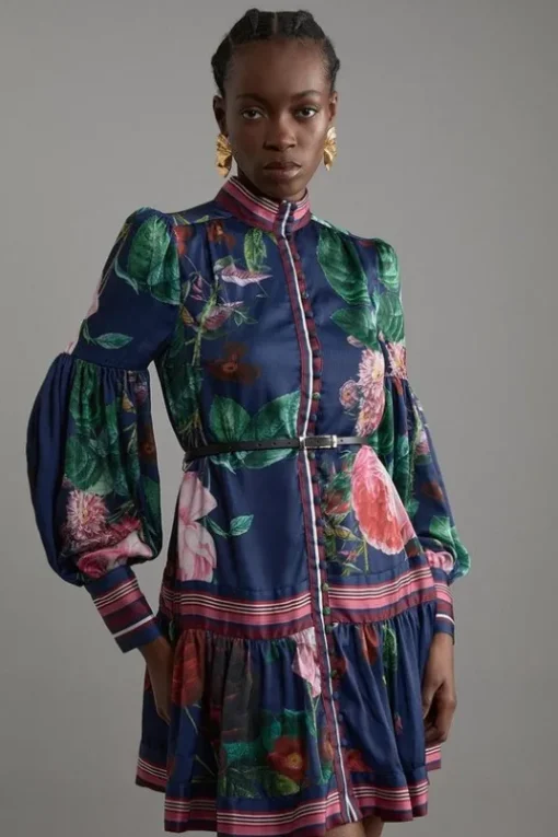 Petite Floral Print Woven Balloon Sleeve Belted Midi Dress