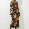 Petite Floral Printed Viscose Metallic Thread Beaded Cross Neck Woven Midi Dress