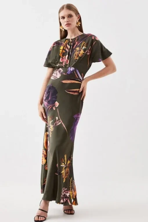 Petite Floral Satin Woven Crepe Maxi Dress