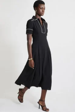 Petite Fluid Tailored Tipped Full Skirted Midi Dress