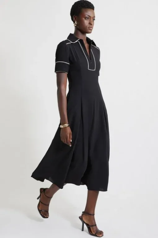 Petite Fluid Tailored Tipped Full Skirted Midi Dress