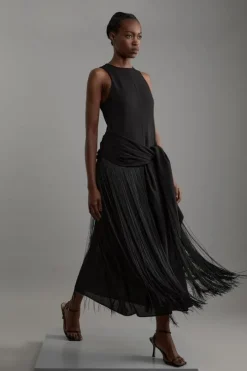Petite Fringe Tassle Halter Neck Tailored Maxi Dress