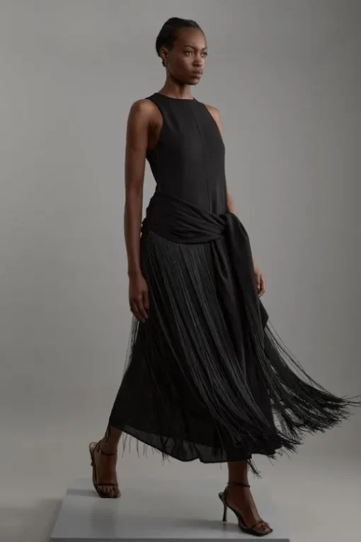 Petite Fringe Tassle Halter Neck Tailored Maxi Dress