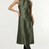 Petite Geo Jacquard Twill Tailored Full Skirted Belted Midi Dress