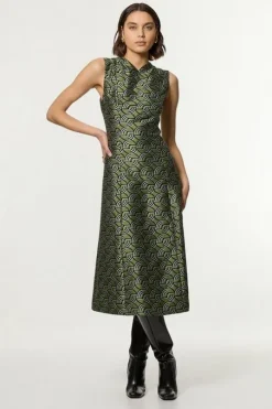 Petite Geo Jacquard Twill Tailored Full Skirted Belted Midi Dress