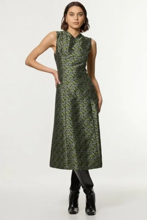 Petite Geo Jacquard Twill Tailored Full Skirted Belted Midi Dress