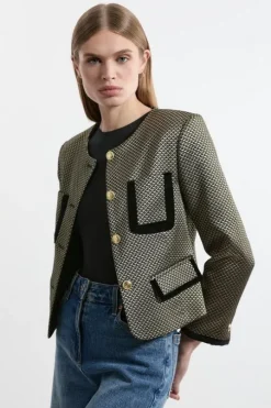 Petite Geo Jacquard Velvet Mix Tailored Jacket