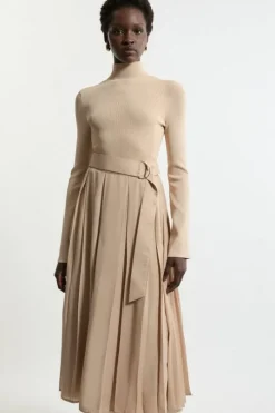 Petite Georgette Belted Pleat Woven Midi Skirt