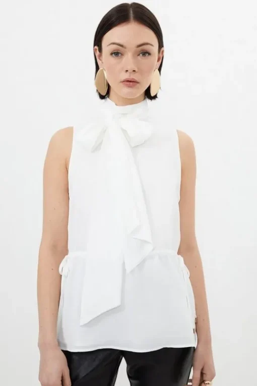 Petite Georgette Woven Tie Neck Blouse