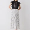 Petite Guipure Lace Dot Pleated Skirt Midi Dress