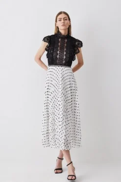 Petite Guipure Lace Dot Pleated Skirt Midi Dress