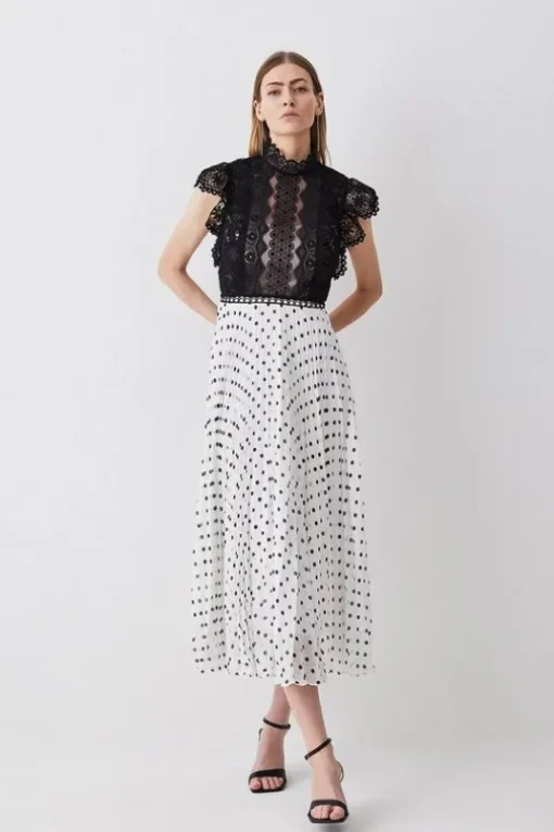 Petite Guipure Lace Dot Pleated Skirt Midi Dress