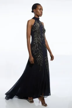 Petite Halter Neck Feather Sequin Detail Woven Maxi Dress