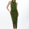 Petite Halterneck Sequin Jersey Side Split Maxi Dress