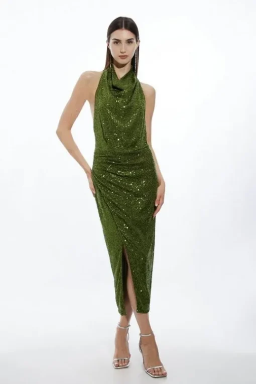 Petite Halterneck Sequin Jersey Side Split Maxi Dress