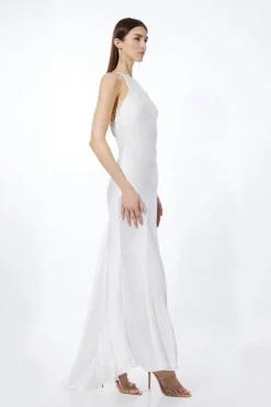 Petite Heavy Satin Diamante Detail Halter Maxi Dress
