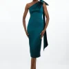 Petite Italian Satin One Shoulder Bow Detail Tailored Midi Dress