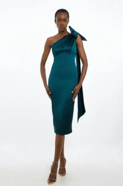Petite Italian Satin One Shoulder Bow Detail Tailored Midi Dress