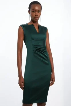 Petite Italian Satin Tailored Envelope Neck Pencil Midi Dress