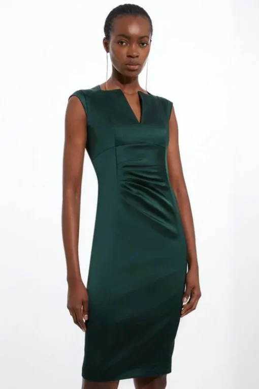 Petite Italian Satin Tailored Envelope Neck Pencil Midi Dress