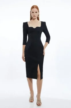 Petite Italian Structured Rib Sweetheart Neck Split Front Maxi Dress