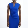 Petite Italian Structured Rib Tailored Envelope Neck Pencil Midi Dress