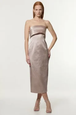 Petite Italian Structured Textured Satin Bandeau Tailored Midi Dress