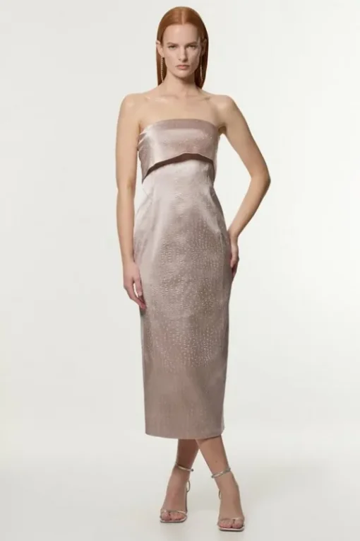 Petite Italian Structured Textured Satin Bandeau Tailored Midi Dress