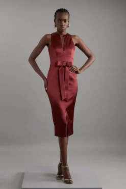 Petite Italian Structured Satin Bow Detail Tailored Maxi Dress