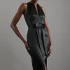 Petite Italian Structured Satin Bow Detail Tailored Maxi Dress
