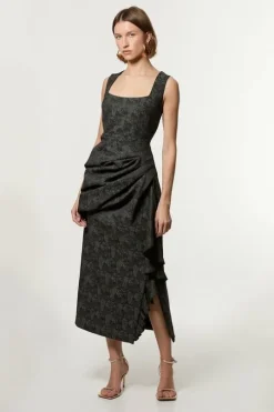 Petite Jacquard Ruffle Strappy Tailored Maxi Dress