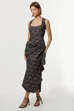 Petite Jacquard Ruffle Strappy Tailored Maxi Dress