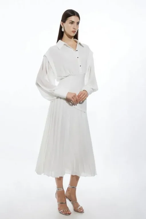 Petite Jersey And Georgette Mix Pleated Midi Shirt Dress