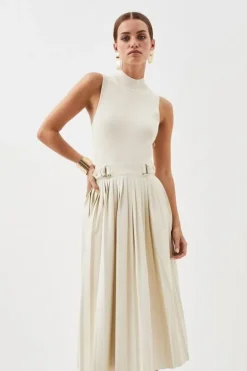 Petite Knitted Midi Dress With Pu Detailing