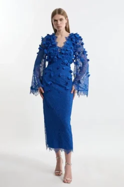 Petite Lace Petal Applique Balloon Sleeve Woven Midi Dress