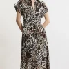 Petite Leopard Batik Printed Morocain Woven Midi Shirt Dress