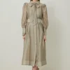 Petite Linen Blend Organdie Woven Pussybow Midaxi Dress