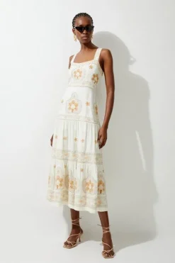 Petite Linen Embroidered Strappy Woven Midi Dress