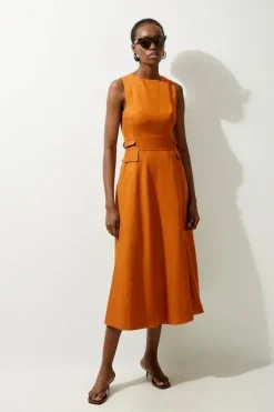 Petite Linen Tab Waist Detail Full Skirt Tailored Midi Dress